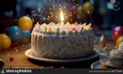 Happy Birthday background with cake. Illustration Generative AI 