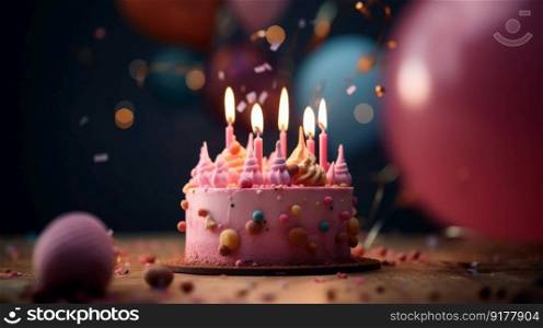 Happy Birthday background with cake. Illustration Generative AI
