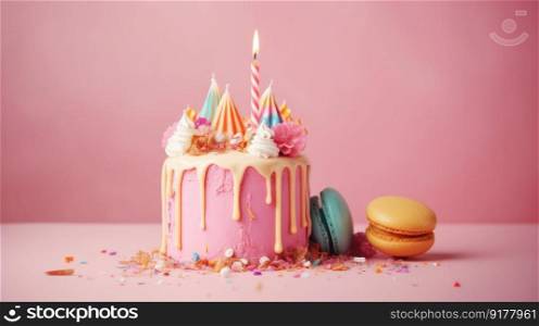 Happy Birthday background with cake. Illustration Generative AI 