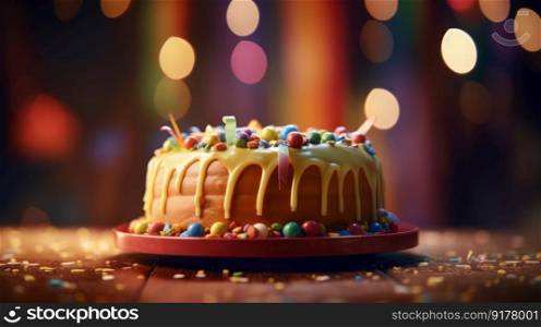 Happy Birthday background with cake. Illustration Generative AI
