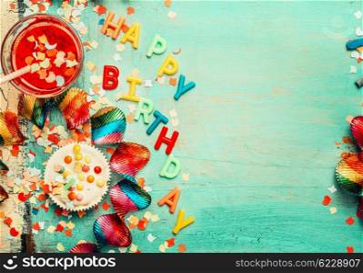 Happy birthday background with lettering, red decoration, cake and drinks , top view, place for text. Festive greeting or invitation card