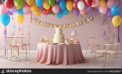 Happy birthday cake and decoration with balloons - 3D Rendering.