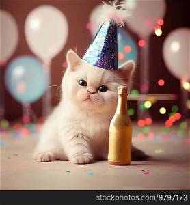 Happy Birthday Cat with Ch&agne Bottle. Generative AI