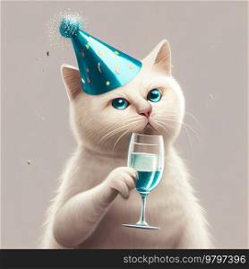 Happy Birthday Cat with Ch&agne Bottle. Generative AI