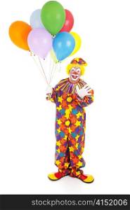 Happy birthday clown holding a bunch of balloons. Full body isolated