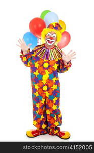 Happy birthday clown with a bunch of balloons. Full body isolated.