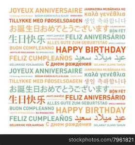 Happy birthday from the world. Different languages celebration card. Happy birthday card from the world