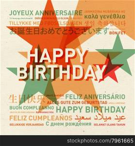 Happy birthday from the world. Different languages vintage celebration card. Happy birthday vintage card from the world