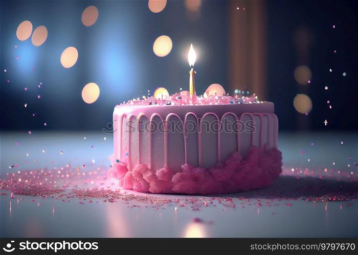 Happy Birthday Greeting Card with Cake in Bokeh Background