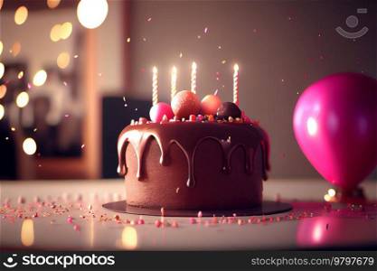 Happy Birthday Greeting Card with Cake in Bokeh Background