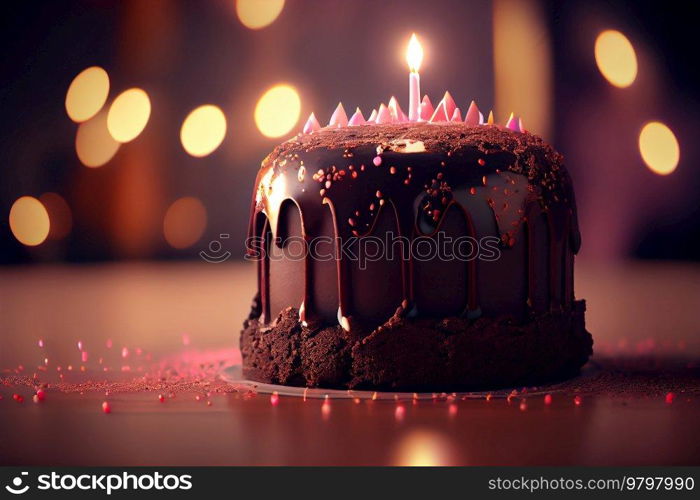 Happy Birthday Greeting Card with Cake in Bokeh Background