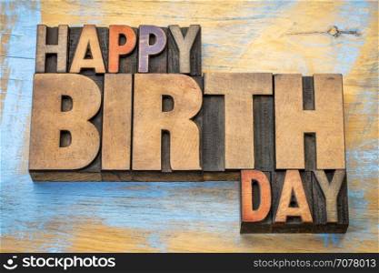 Happy Birthday greeting card - word abstract in vintage letterpress wood type blocks against grunge wooden background