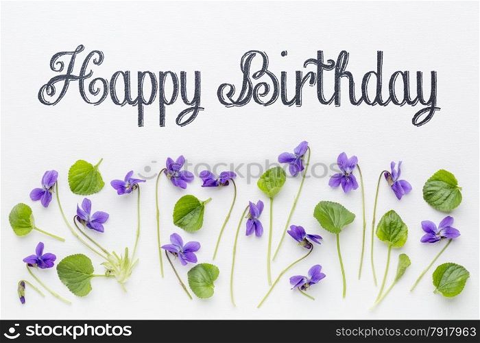 Happy birthday greetings with fresh viola flowers and leaves on white art canvas