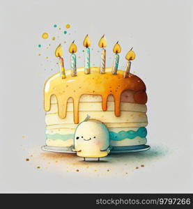 Happy Birthday Illustrated Cake with Candles. Generative AI