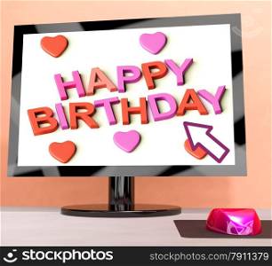 Happy Birthday On Computer Screen Showing Online Greeting. Happy Birthday On Computer Screen Shows Online Greeting