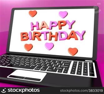Happy Birthday On Laptop Computer Screen Showing Online Greeting. Happy Birthday On Laptop Computer Screen Shows Online Greeting