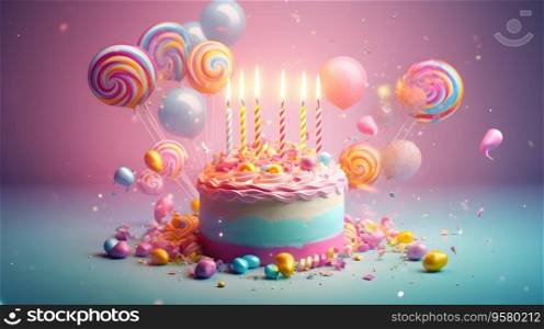 Happy Birthday  Pastel cake and cupcakes with candles. Birth day celebrations. Generative AI