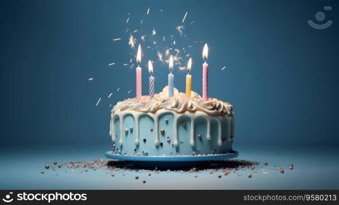 Happy Birthday! Pastel cake and cupcakes with candles. Birth day celebrations. Generative AI