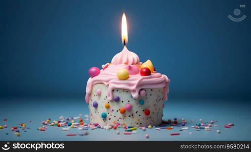 Happy Birthday! Pastel cake and cupcakes with candles. Birth day celebrations. Generative AI