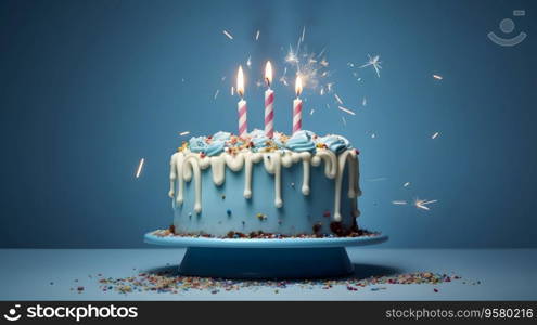 Happy Birthday! Pastel cake and cupcakes with candles. Birth day celebrations. Generative AI