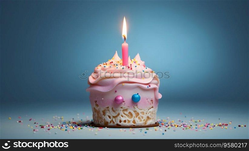 Happy Birthday  Pastel cake and cupcakes with candles. Birth day celebrations. Generative AI