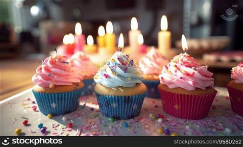 Happy Birthday! Pastel cupcakes with candles. Birth day celebrations. Generative AI