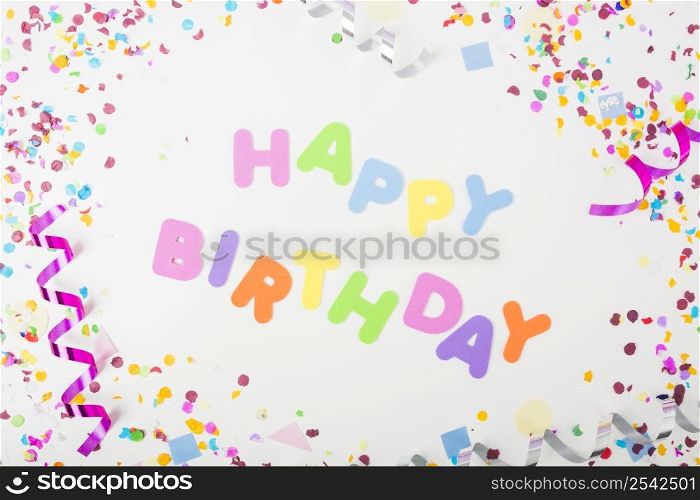 happy birthday text with confetti curling streamers white backdrop