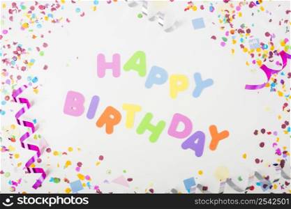happy birthday text with confetti curling streamers white backdrop