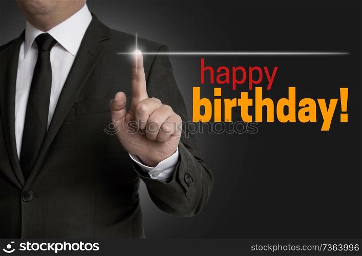 Happy Birthday touchscreen is operated by businessman.. Happy Birthday touchscreen is operated by businessman