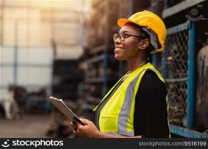 Happy Black African women engineer worker enjoy working in factory industry.