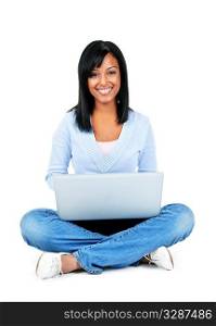 Happy black woman sitting with computer isolated on white background