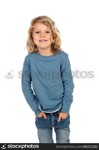 Happy blond child with long hair isolated on a white background