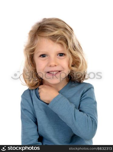 Happy blond child with long hair isolated on a white background