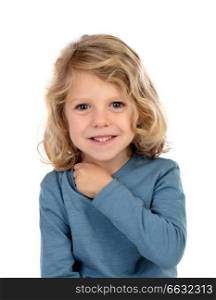 Happy blond child with long hair isolated on a white background