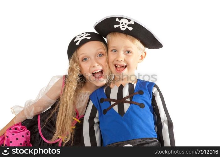 Happy Boy and Girl in Pirates Costumes