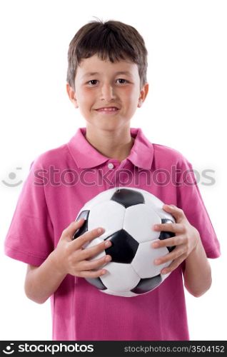 Happy boy holding soccer ball on a over white background