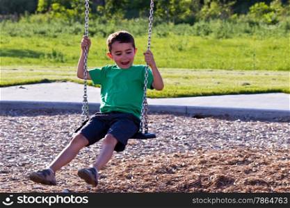 Happy boy on a swing at the park