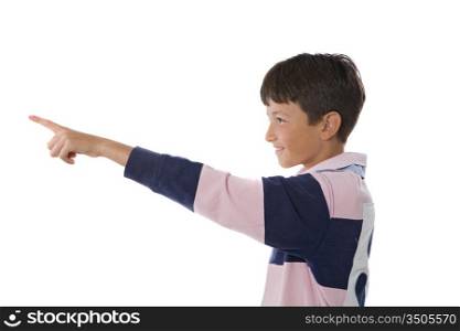 Happy boy pointing with her finger on a white background