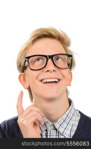 Happy boy wearing geek glasses having idea against white background