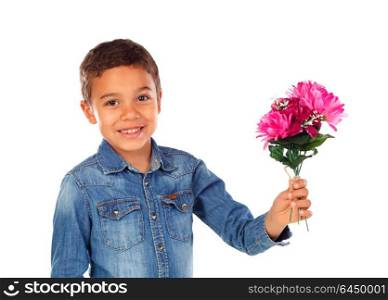Happy boy with a beautiful bouquet of pink flowers isolated on a white background