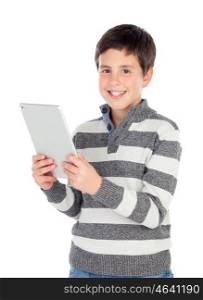 Happy boy with a tablet isolated on a white background