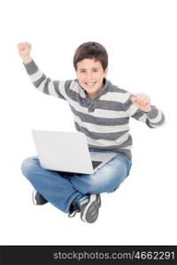 Happy boy with a tablet isolated on a white background