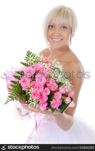 Happy bride with a bouquet of roses. Isolated on white background