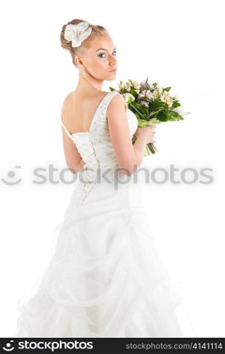 happy bride with flowers portrait, cut out from white