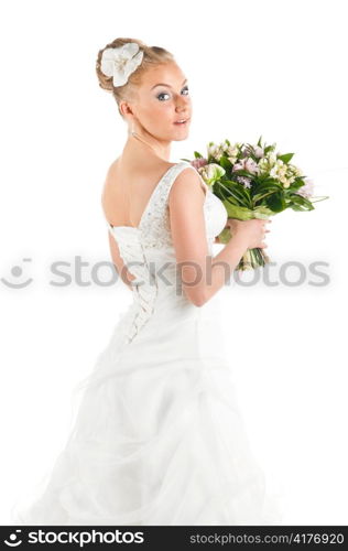 happy bride with flowers portrait, cut out from white