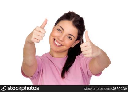 Happy brunette girl saying Ok isolated on white background