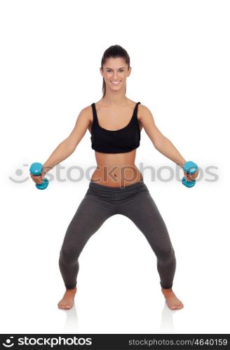 Happy brunette girl toning her muscles isolated on a white background