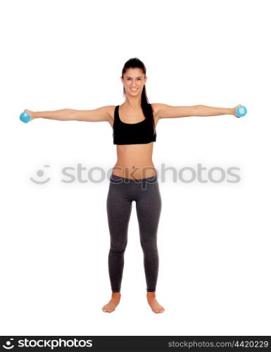 Happy brunette girl toning the muscles isolated on a white background
