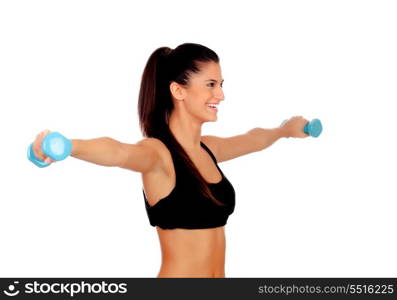 Happy brunette girl toning the muscles isolated on a white background