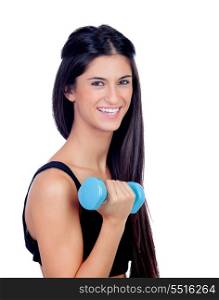 Happy brunette girl toning the muscles isolated on a white background
